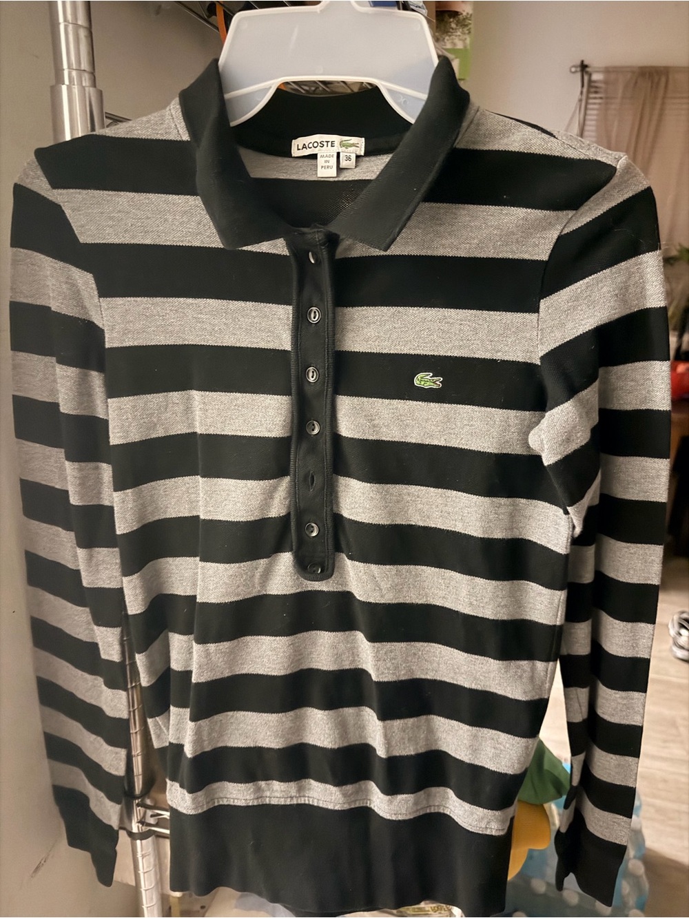 Lacoste Black and Gray Striped Long-Sleeve Polo Sweater